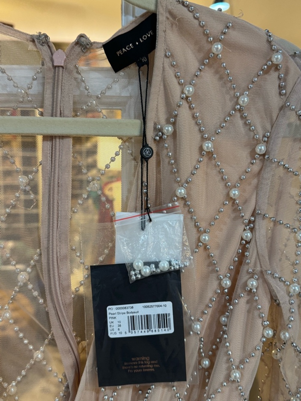 GORGEOUS nude/light pink pearl and silver embellished bodysuit sheer organza - Picture 4 of 6